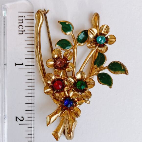 Vintage 1940s Brooch Wishbone Floral Rhinestone Enamel Mid Century Gold Tone Pin - Picture 7 of 10